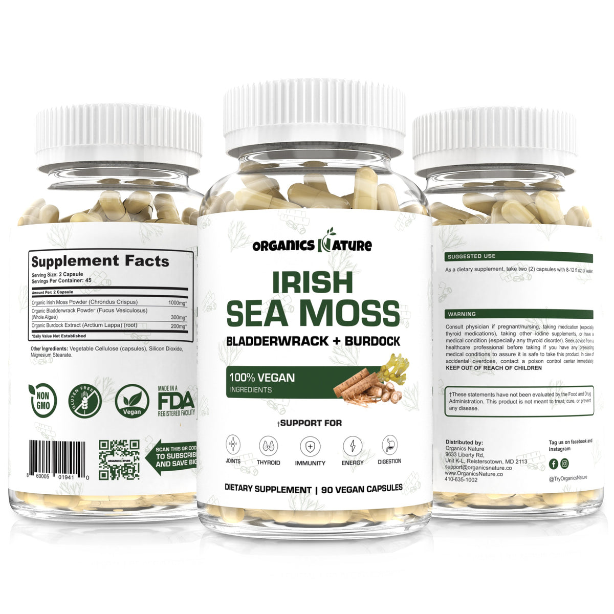Sea Moss Capsules With Bladderwrack And Burdock 3 Bottles Organics Nature 